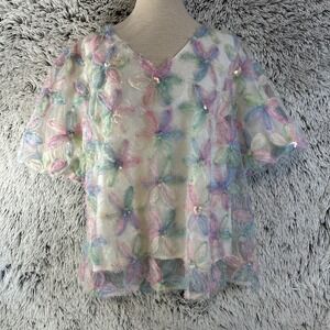 Umgee 3D Floral Boho Hippie Sheer Top Blouse Size L Puff Sleeves Sequins Mesh